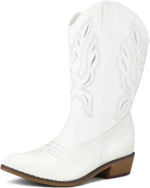 mysoft Women's Wide Calf Cowboy Boots Pull-On Mid-Calf Embroidered Pointed Toe Retro Western Boots