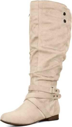 mysoft Women's Wide Calf Knee High Boots Flat Tall Boots with Side Zippers
