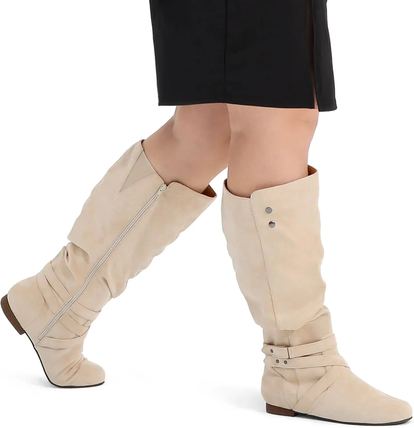 mysoft Women's Wide Calf Knee High Boots Flat Tall Boots with Side Zippers