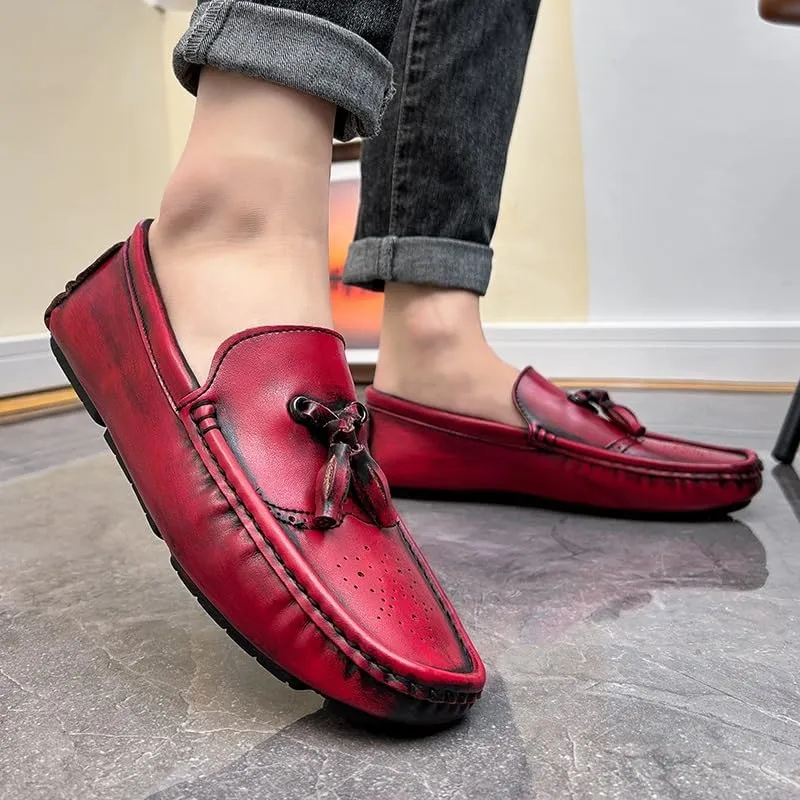 New Men's Loafers Square Toe Brogue Embossed Wingtips with Tassel Driving Loafers Flat Heel Lightweight Comfortable Party Outdoor Slip-ons