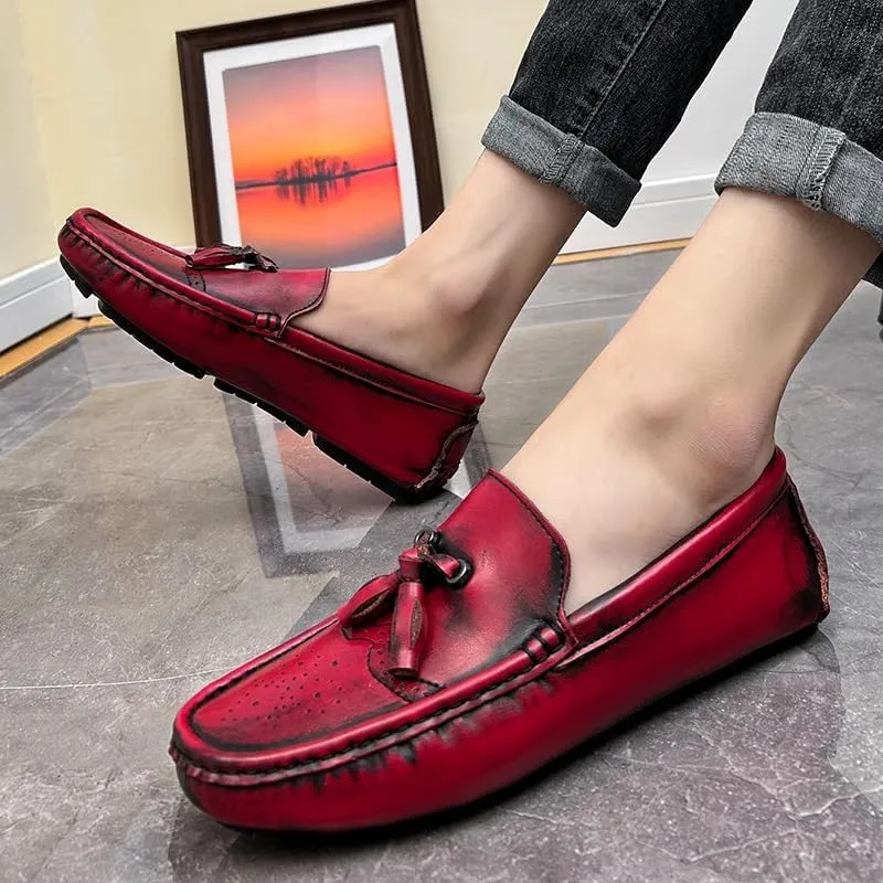 New Men's Loafers Square Toe Brogue Embossed Wingtips with Tassel Driving Loafers Flat Heel Lightweight Comfortable Party Outdoor Slip-ons
