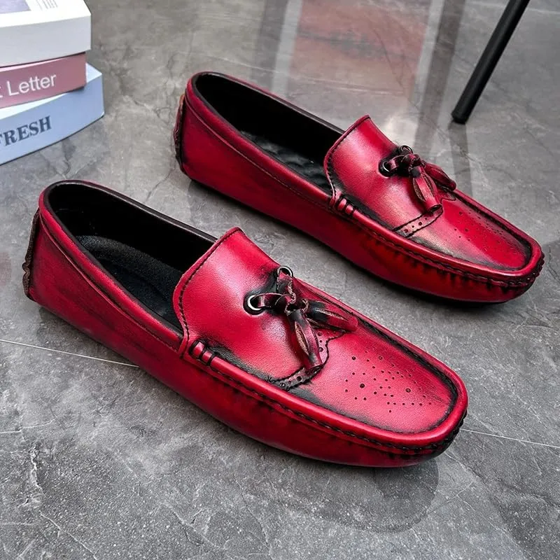 New Men's Loafers Square Toe Brogue Embossed Wingtips with Tassel Driving Loafers Flat Heel Lightweight Comfortable Party Outdoor Slip-ons