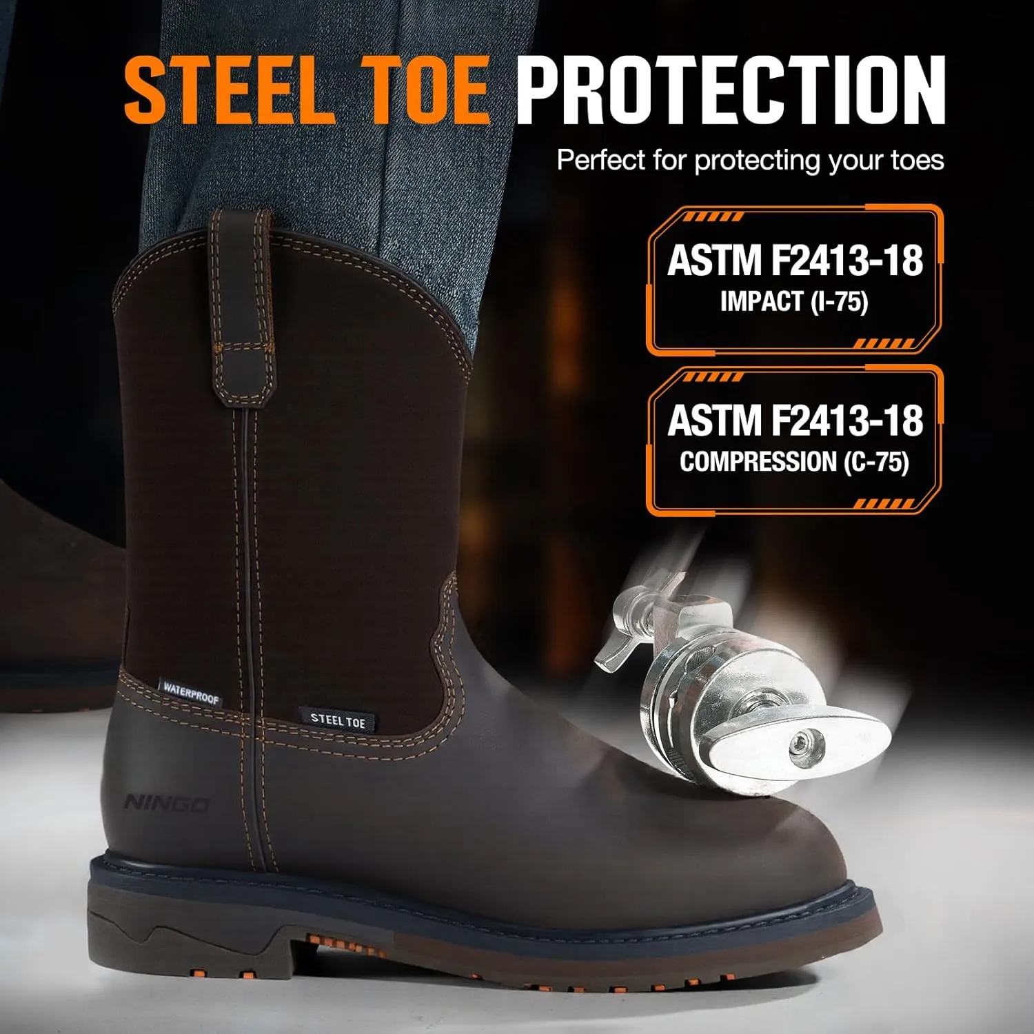 NINGO Men's Steel Toe Work Boots, Waterproof Wellington Boots with Full Grain Leather, Goodyear Welt Pull-On Design, Non Slip Work Shoes, EH Protection for Industrial, Agriculture