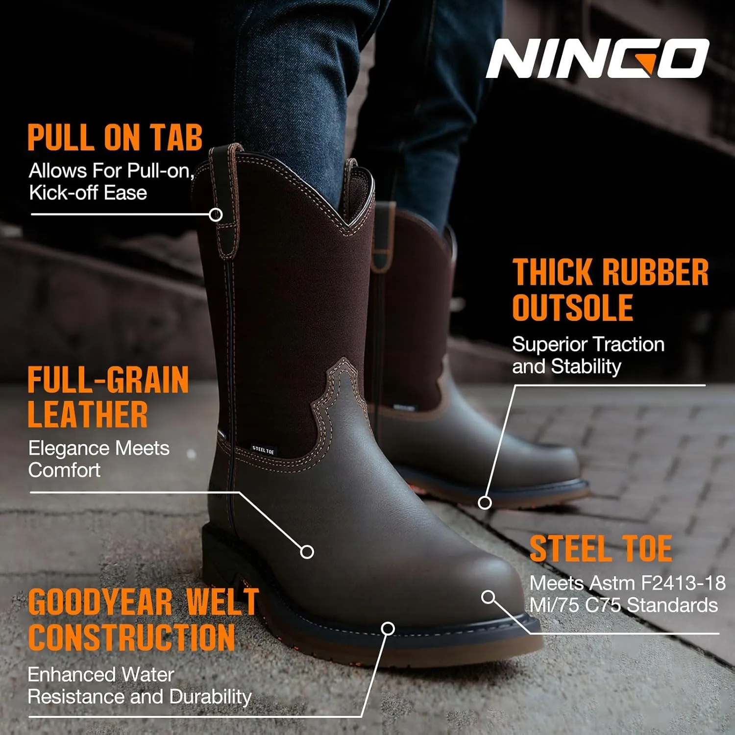 NINGO Men's Steel Toe Work Boots, Waterproof Wellington Boots with Full Grain Leather, Goodyear Welt Pull-On Design, Non Slip Work Shoes, EH Protection for Industrial, Agriculture