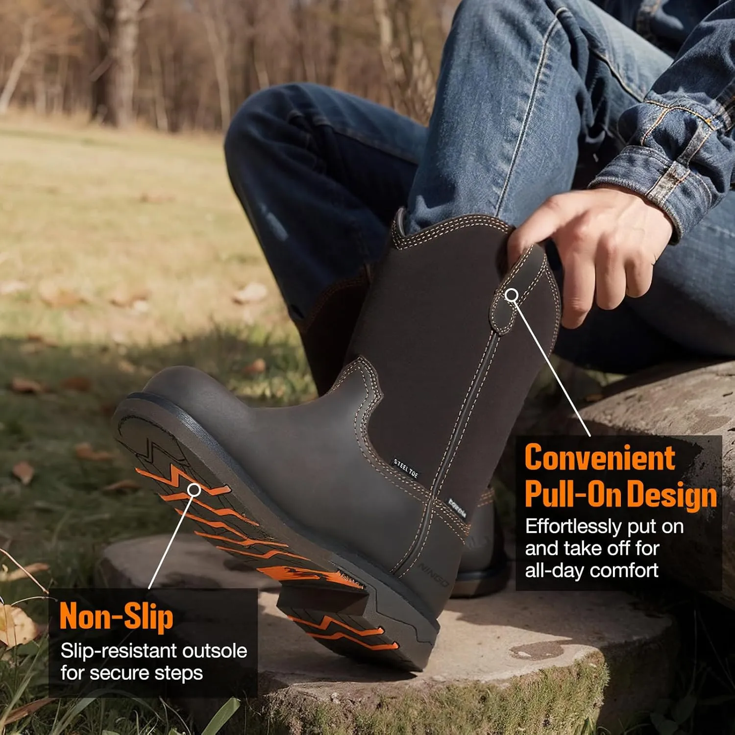 NINGO Men's Steel Toe Work Boots, Waterproof Wellington Boots with Full Grain Leather, Goodyear Welt Pull-On Design, Non Slip Work Shoes, EH Protection for Industrial, Agriculture