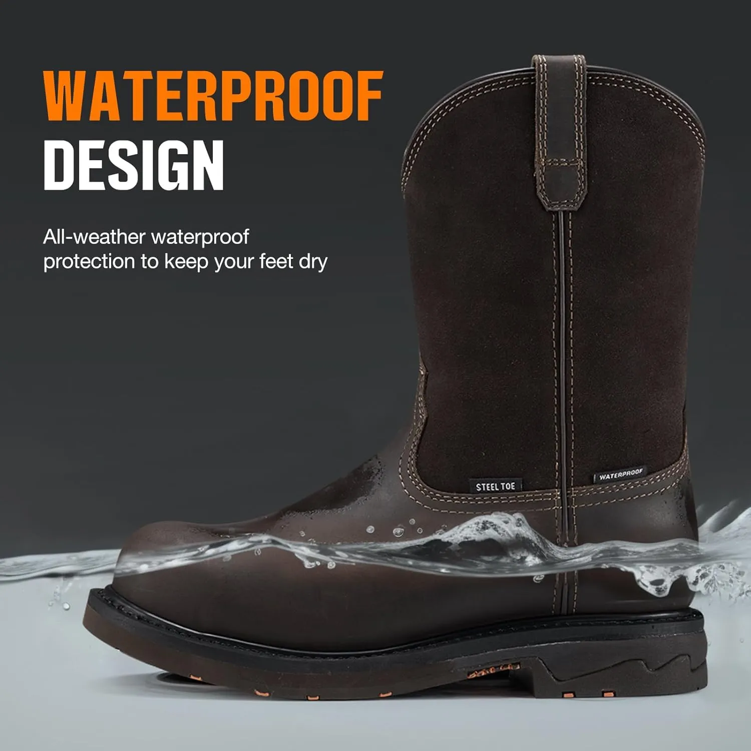 NINGO Men's Steel Toe Work Boots, Waterproof Wellington Boots with Full Grain Leather, Goodyear Welt Pull-On Design, Non Slip Work Shoes, EH Protection for Industrial, Agriculture