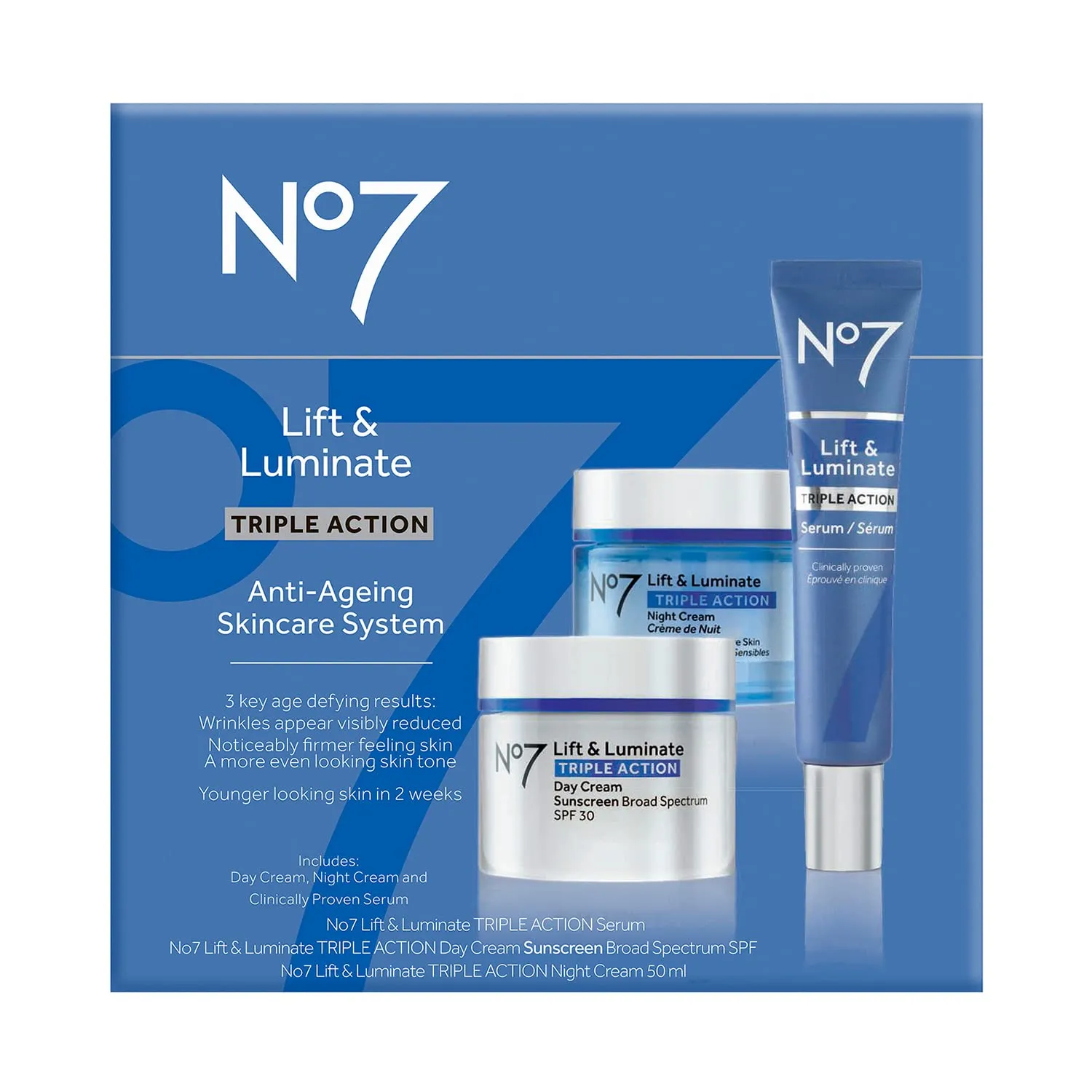 No7 Lift & Luminate Triple Action Skincare Set - Broad Spectrum Anti Aging Day Cream SPF 30   Vitamin C Wrinkle Serum   Collagen Peptide Brightening Night Cream (3 Piece Kit)