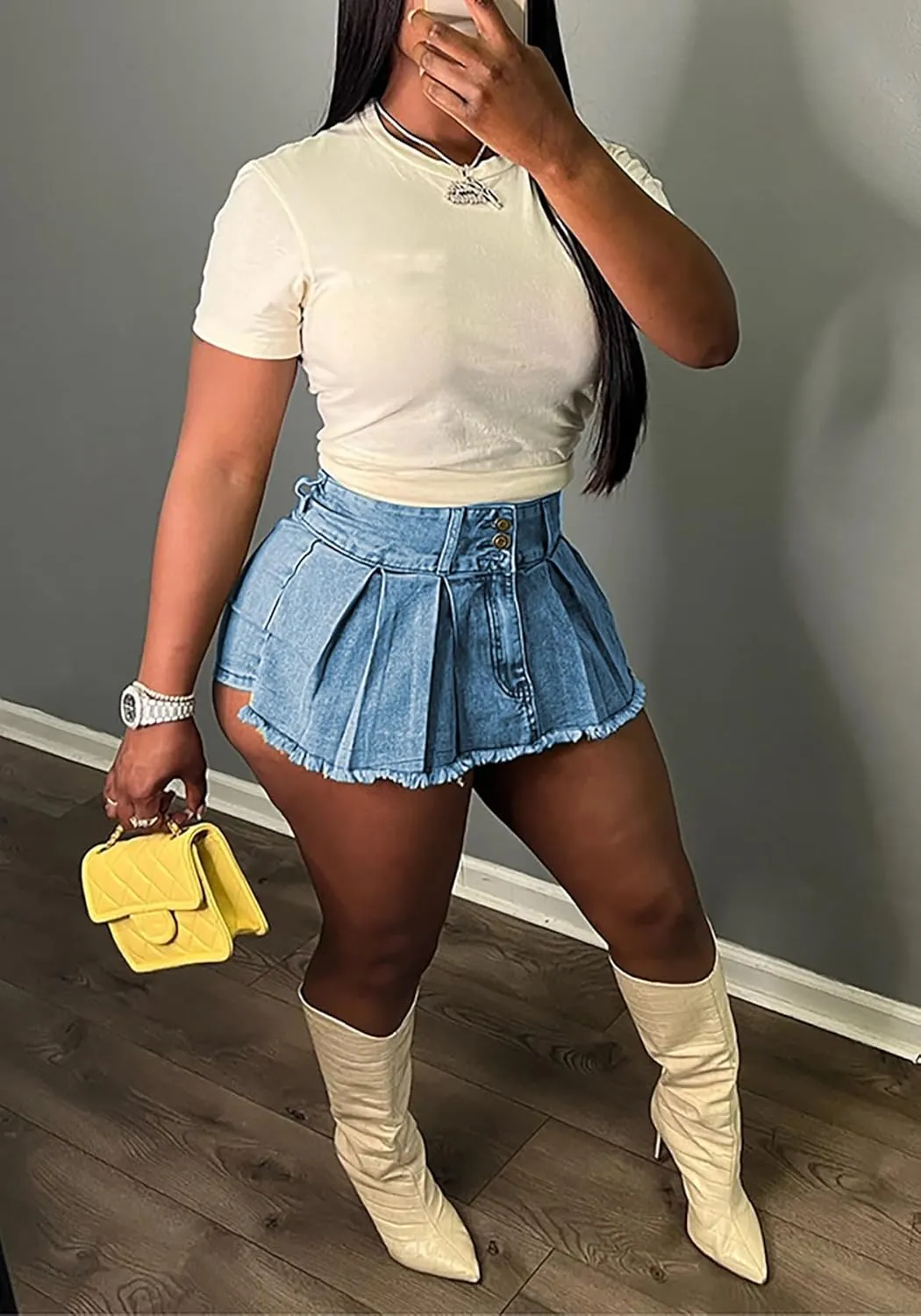 NRTHYE Women Denim Skorts Skirts Casual Pleated High Waisted Mini Skirts Shorts Jeans