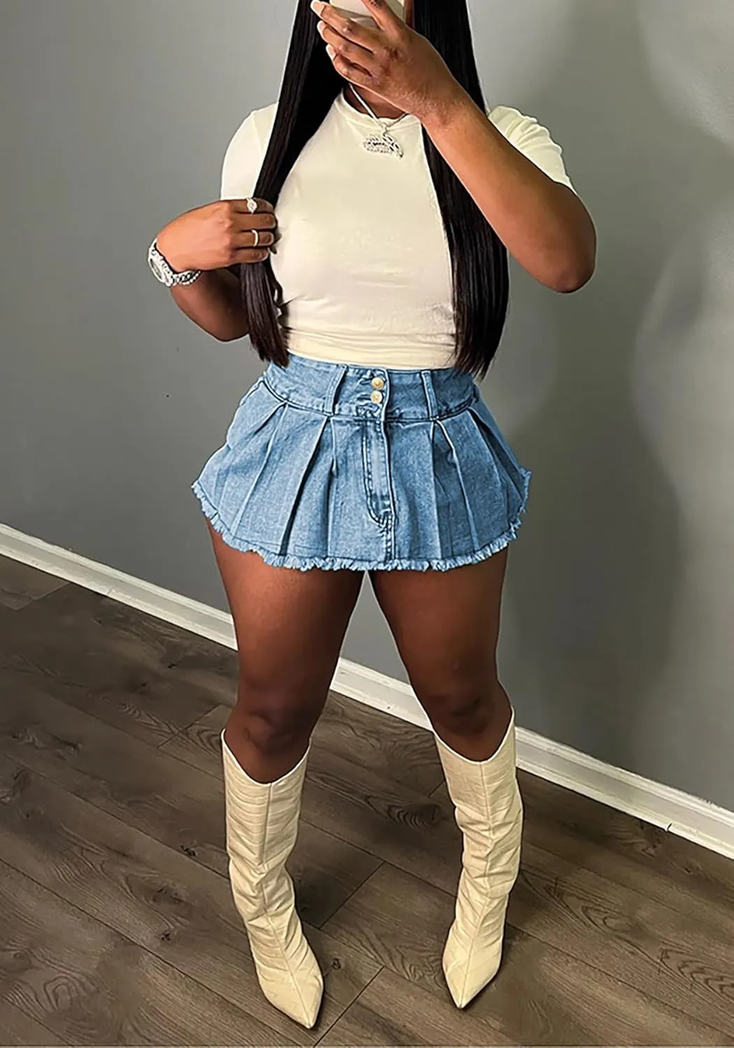 NRTHYE Women Denim Skorts Skirts Casual Pleated High Waisted Mini Skirts Shorts Jeans