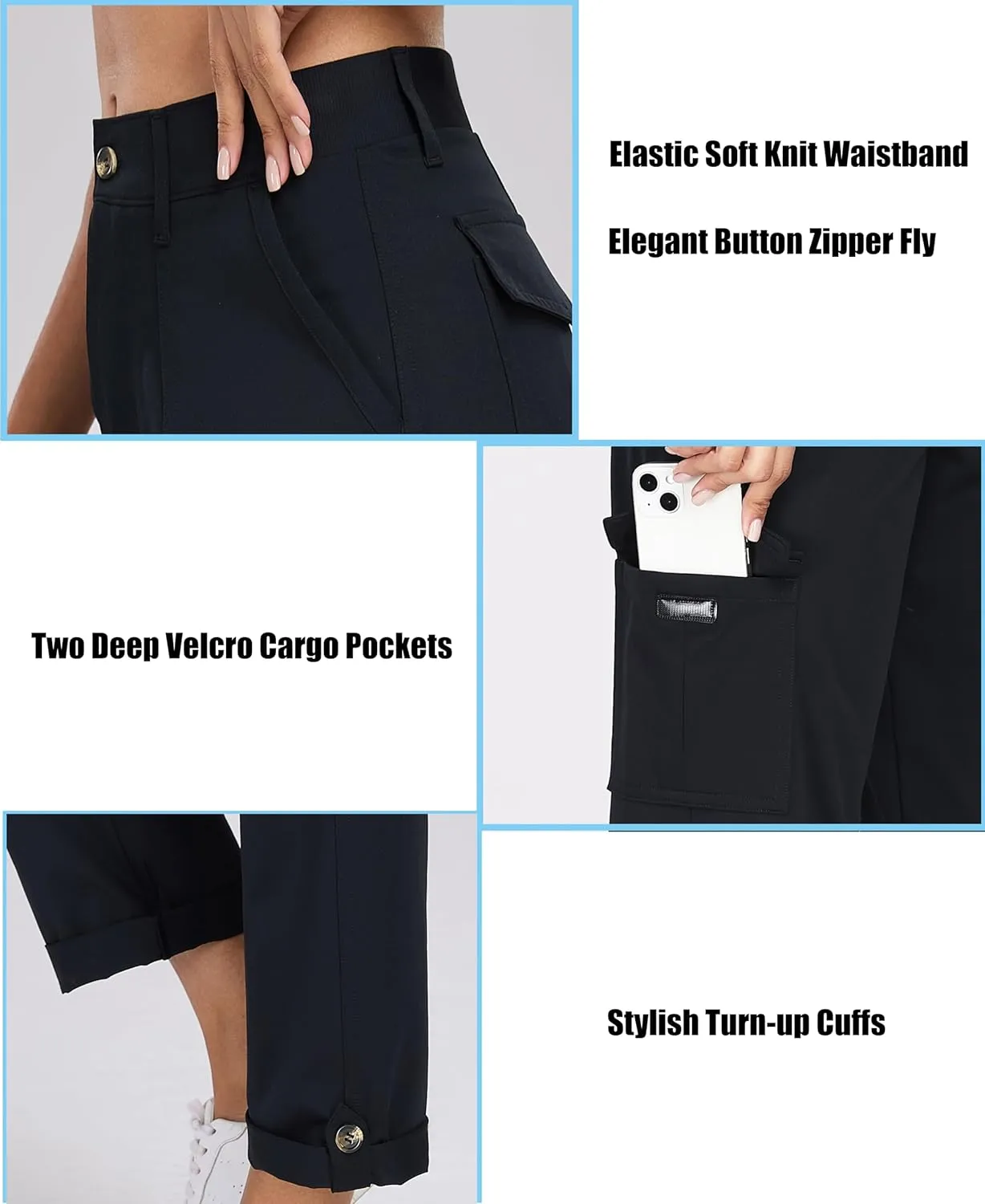 Oalka Women's Hiking Cropped Capri Pants Relaxed Fit Stretchy Knit Waist Casual Outdoor Travel Pant