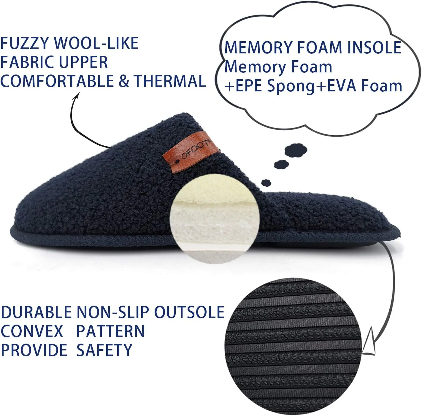 ofoot Mens Comfortable Warm Soft Fuzzy House Slippers Mules,Faux Fur Wool Fleece Lining Memory Foam Insole Non Slip Rubber Soles