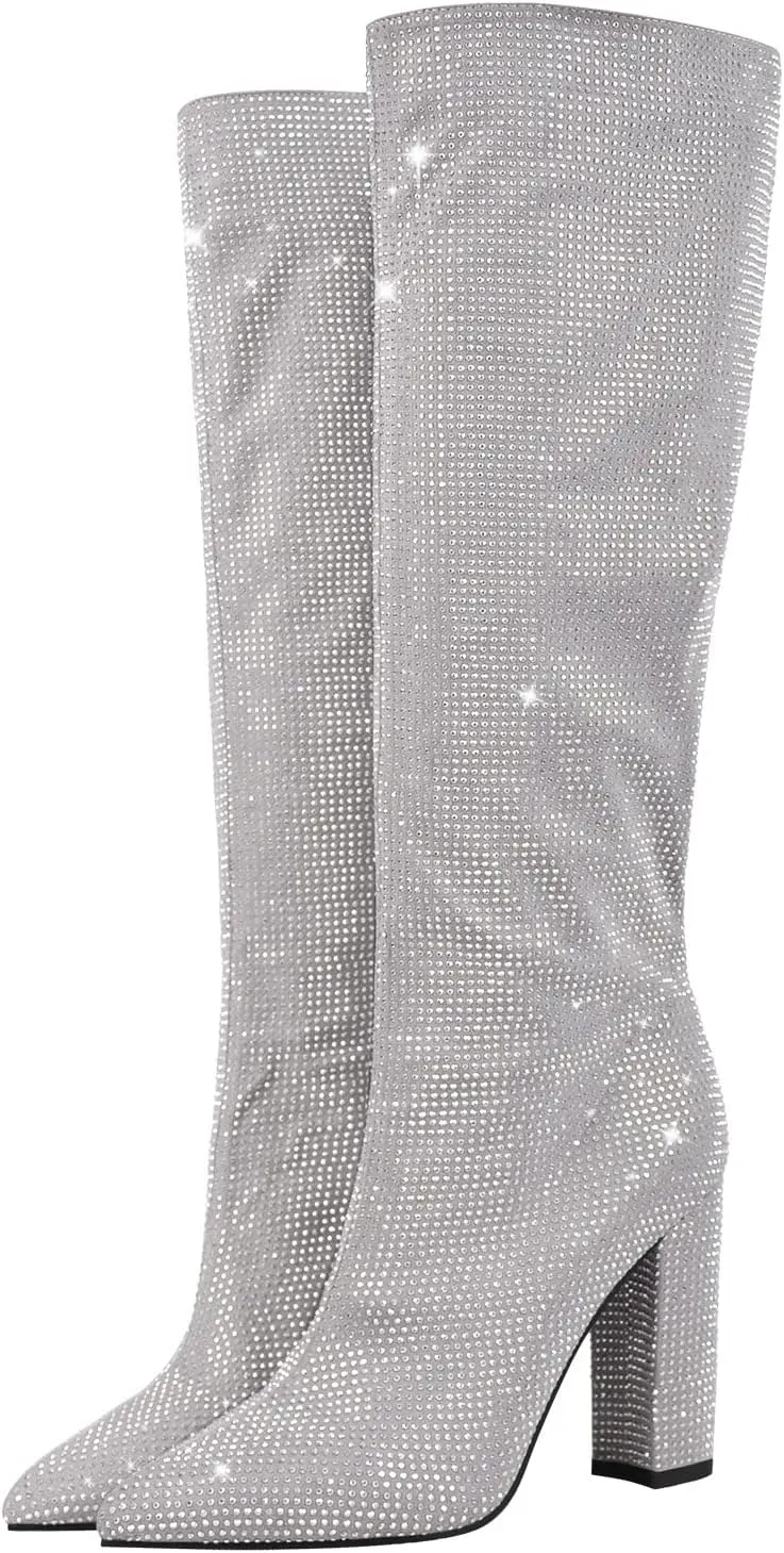 onlymaker Rhinestone Knee High Boots for Women Chunky Heel Pointed Toe