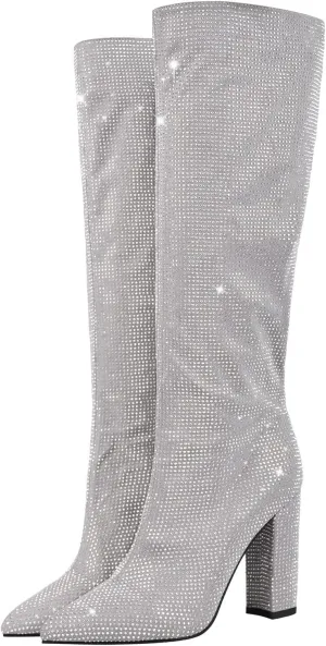onlymaker Rhinestone Knee High Boots for Women Chunky Heel Pointed Toe