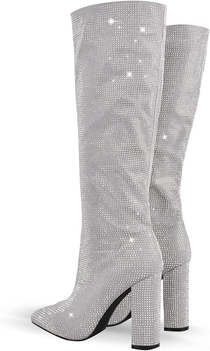 onlymaker Rhinestone Knee High Boots for Women Chunky Heel Pointed Toe