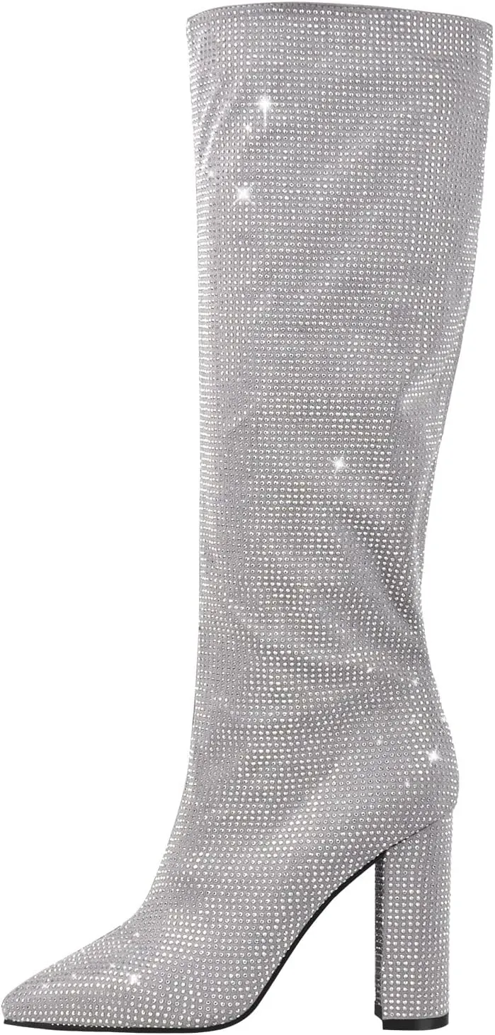 onlymaker Rhinestone Knee High Boots for Women Chunky Heel Pointed Toe