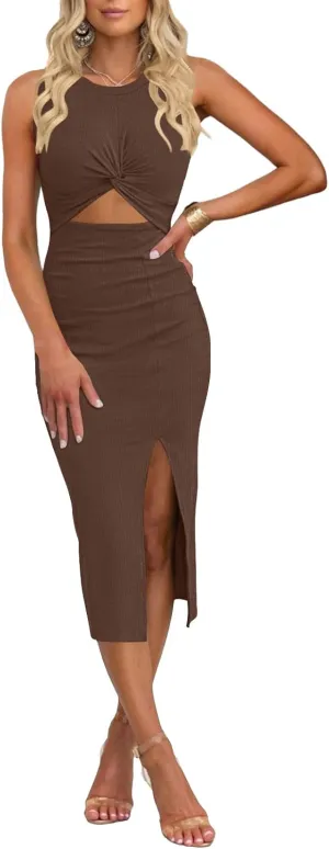 oten Women's Casual Sleeveless Cutout Twist Front Side Slit Ribbed Knit Party Bodycon Midi Dresses