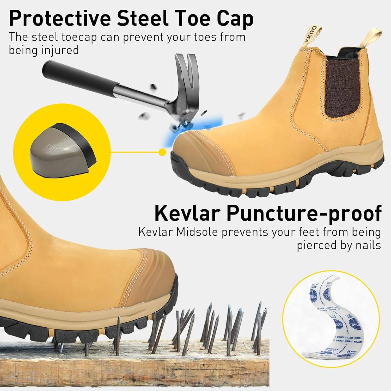 OUXX Steel Toe Chelsea Work Boots for Men – Slip-On Safety Boot, Waterproof Leather, Slip-Resistant Sole, Kevlar Puncture-Proof Midsole, ASTM F2413-18 EH Rated