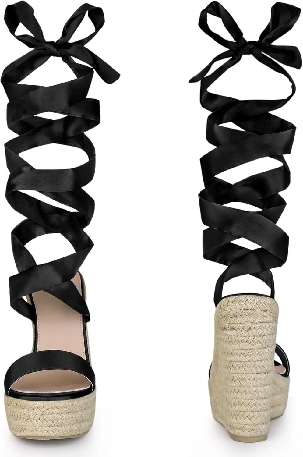 Perphy Platform Bow Ankle Tie Espadrilles Satin Lace Up Wedge Sandals for Women