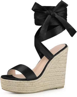 Perphy Platform Bow Ankle Tie Espadrilles Satin Lace Up Wedge Sandals for Women