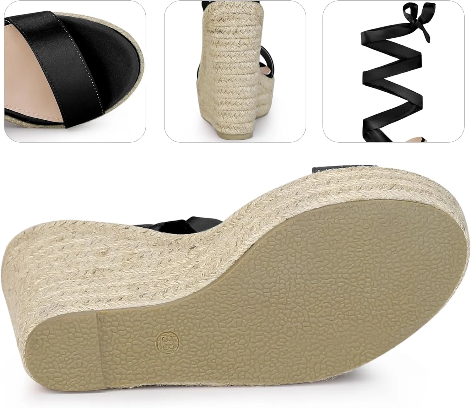 Perphy Platform Bow Ankle Tie Espadrilles Satin Lace Up Wedge Sandals for Women