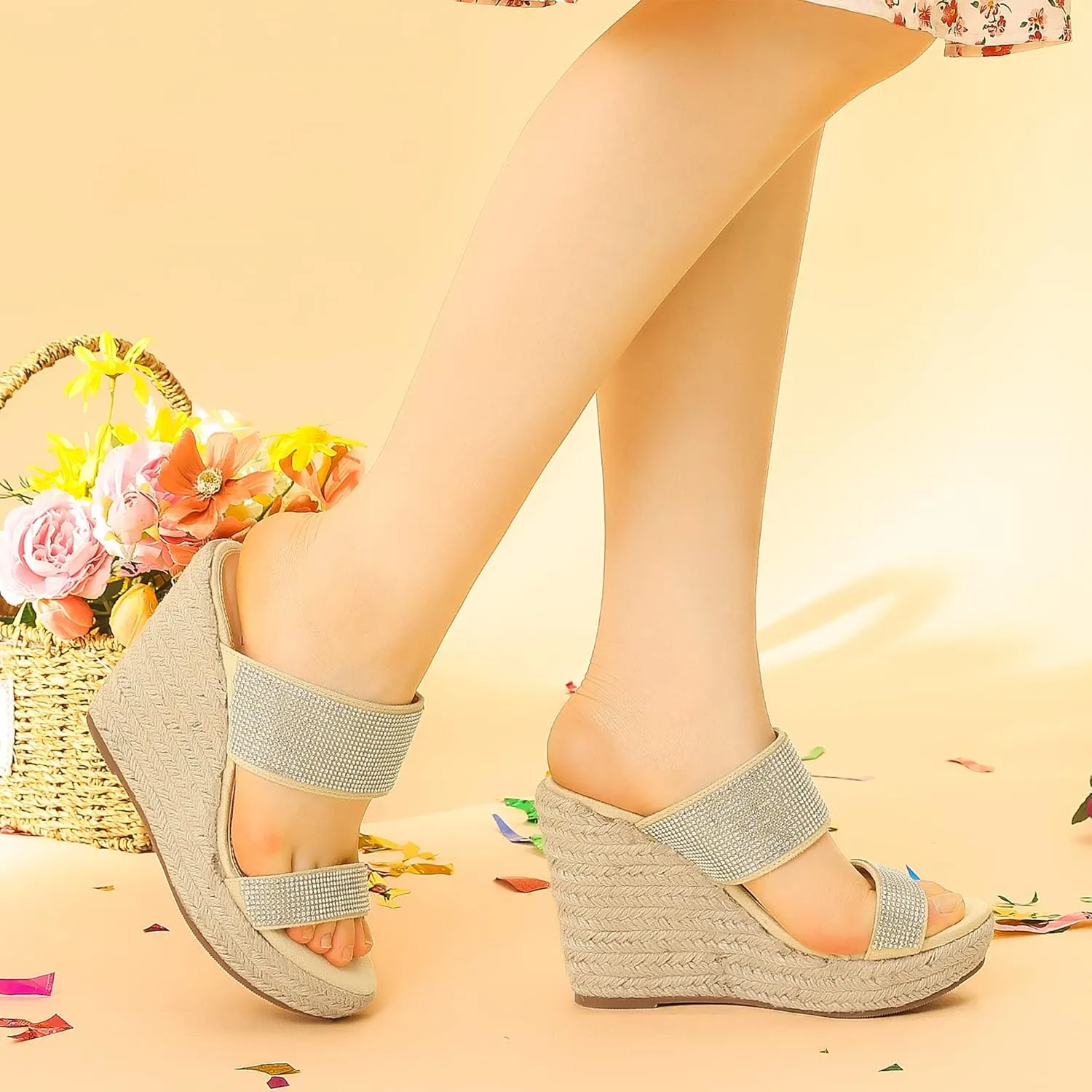 Perphy Platform Rhinestones Dual Strap Espadrille Wedge Sandals for Women
