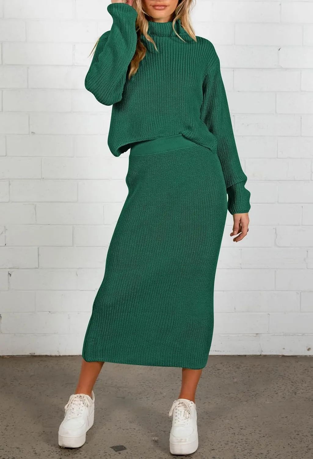 Pink Queen Women's Fall 2 Piece Sweater Set Rib Knit Long Sleeve Cross Criss Top Maxi Bodycon Skirt Casual Outfits