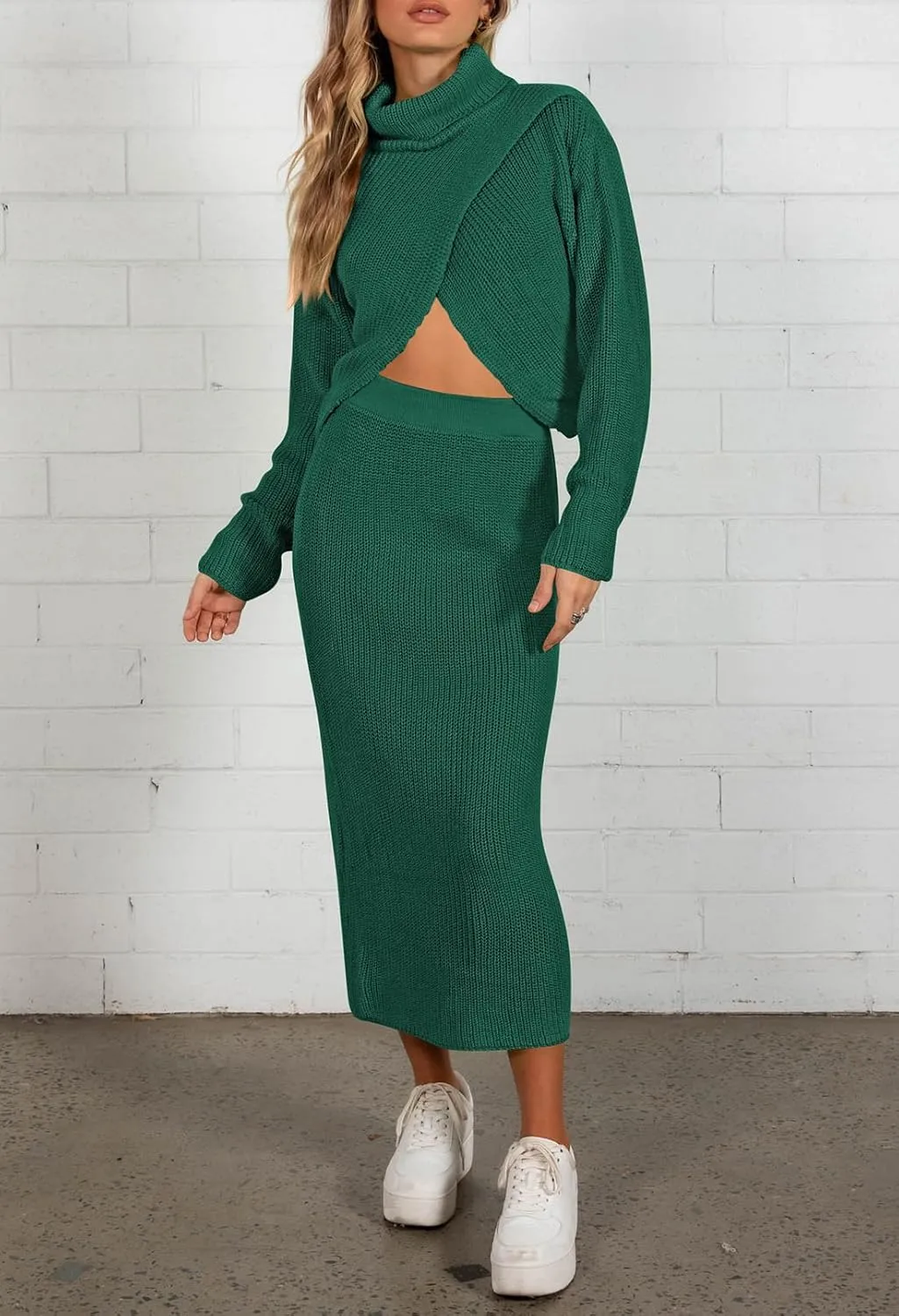Pink Queen Women's Fall 2 Piece Sweater Set Rib Knit Long Sleeve Cross Criss Top Maxi Bodycon Skirt Casual Outfits