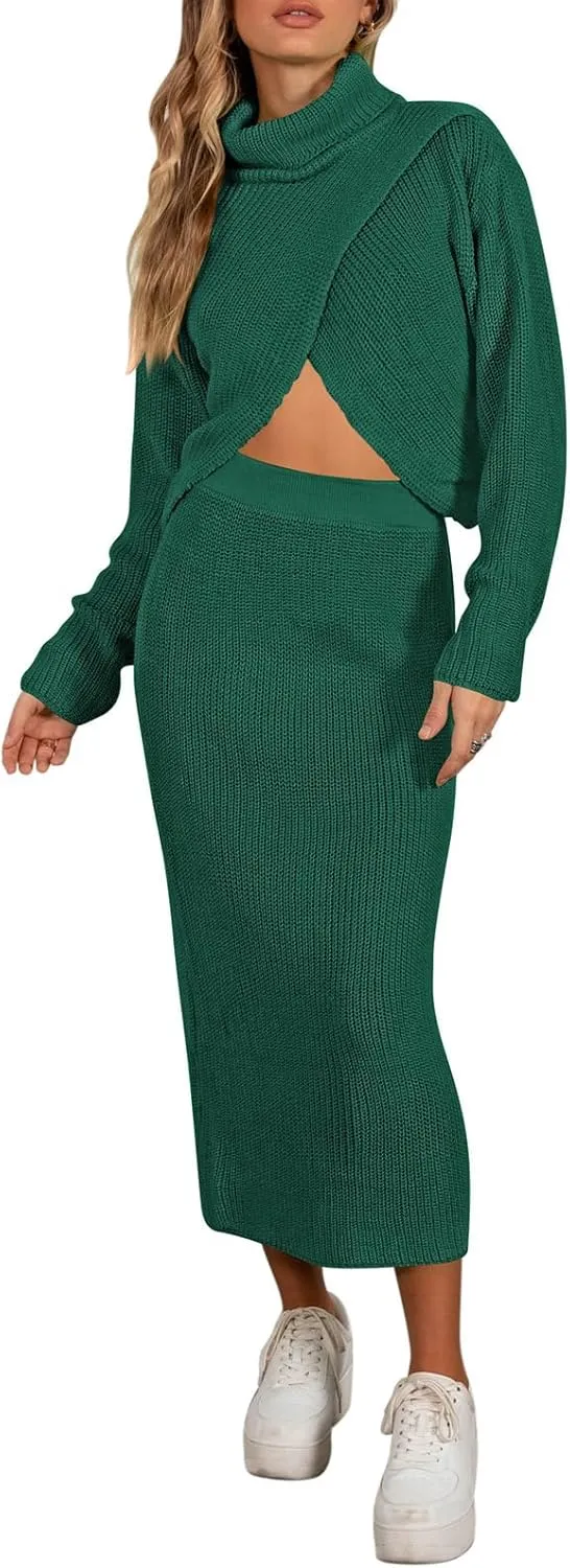 Pink Queen Women's Fall 2 Piece Sweater Set Rib Knit Long Sleeve Cross Criss Top Maxi Bodycon Skirt Casual Outfits