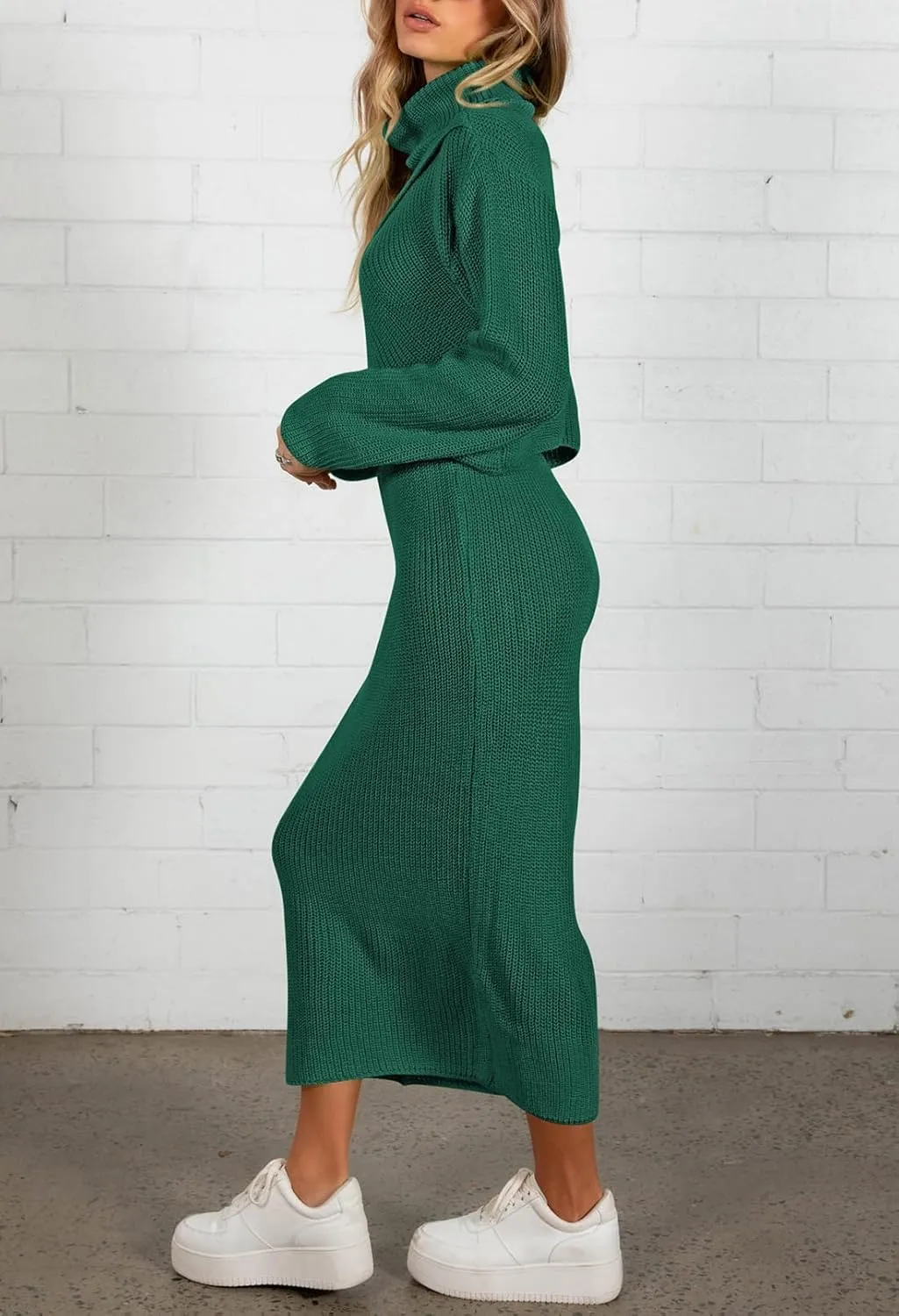Pink Queen Women's Fall 2 Piece Sweater Set Rib Knit Long Sleeve Cross Criss Top Maxi Bodycon Skirt Casual Outfits