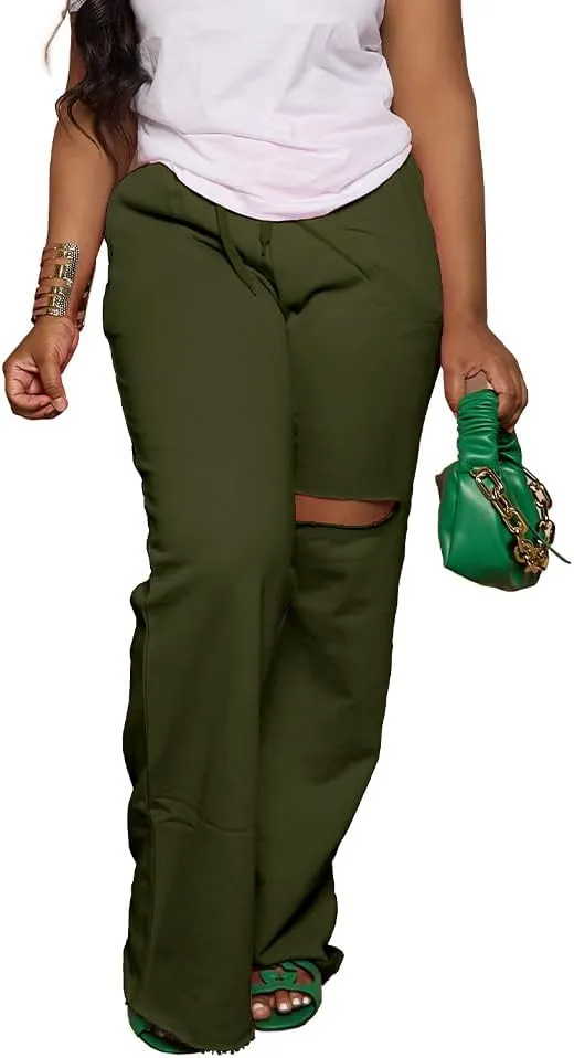 PINSV Wide Leg Pants for Women Drawstring Baggy Casual Sweatpants