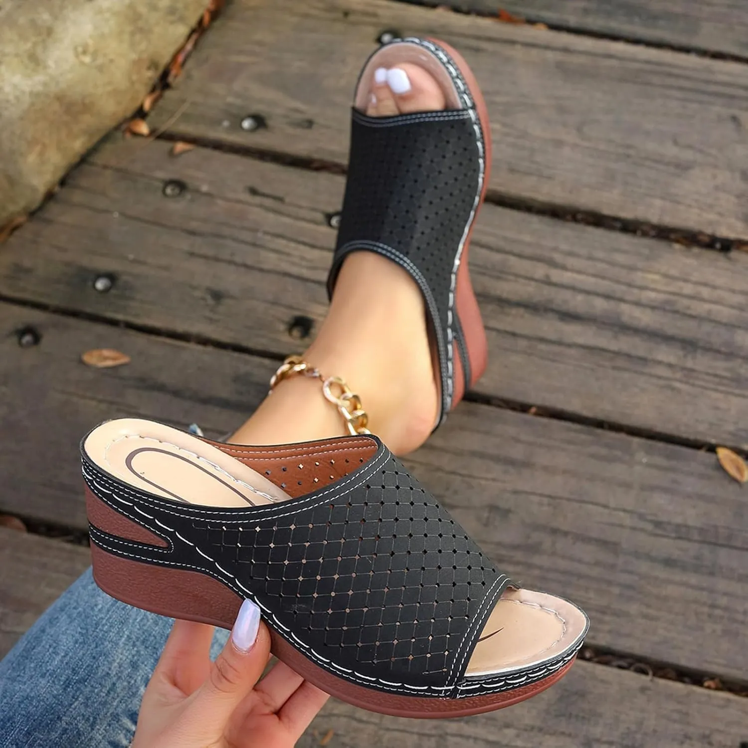 platform mules, women's washable for breathable, sports, leisure, summer shoes, beach sandals, comfortable, trendy with rhinestones,