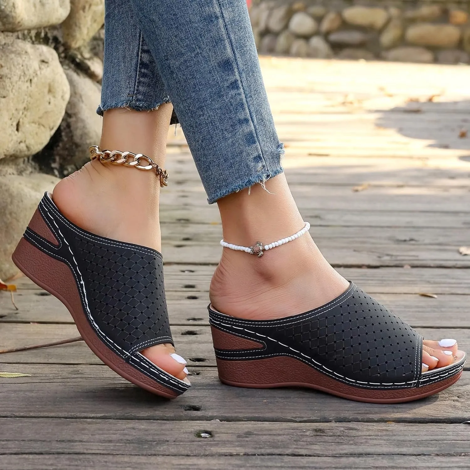 platform mules, women's washable for breathable, sports, leisure, summer shoes, beach sandals, comfortable, trendy with rhinestones,