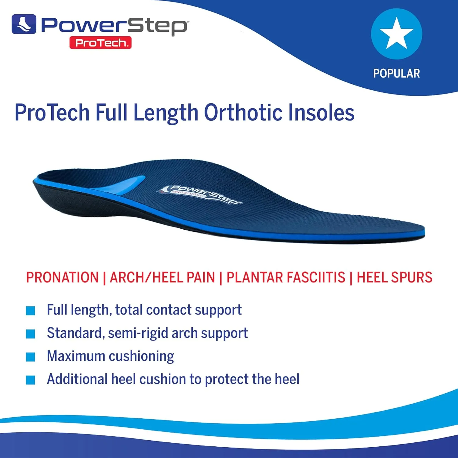 PowerStep ProTech Orthotic Insoles - Medical Grade Arch Support Inserts for Plantar Fasciitis Relief - Made in USA - Maximum Cushioning   ShockAbsorb Orthotics (M 8-8.5 W 10-10.5)