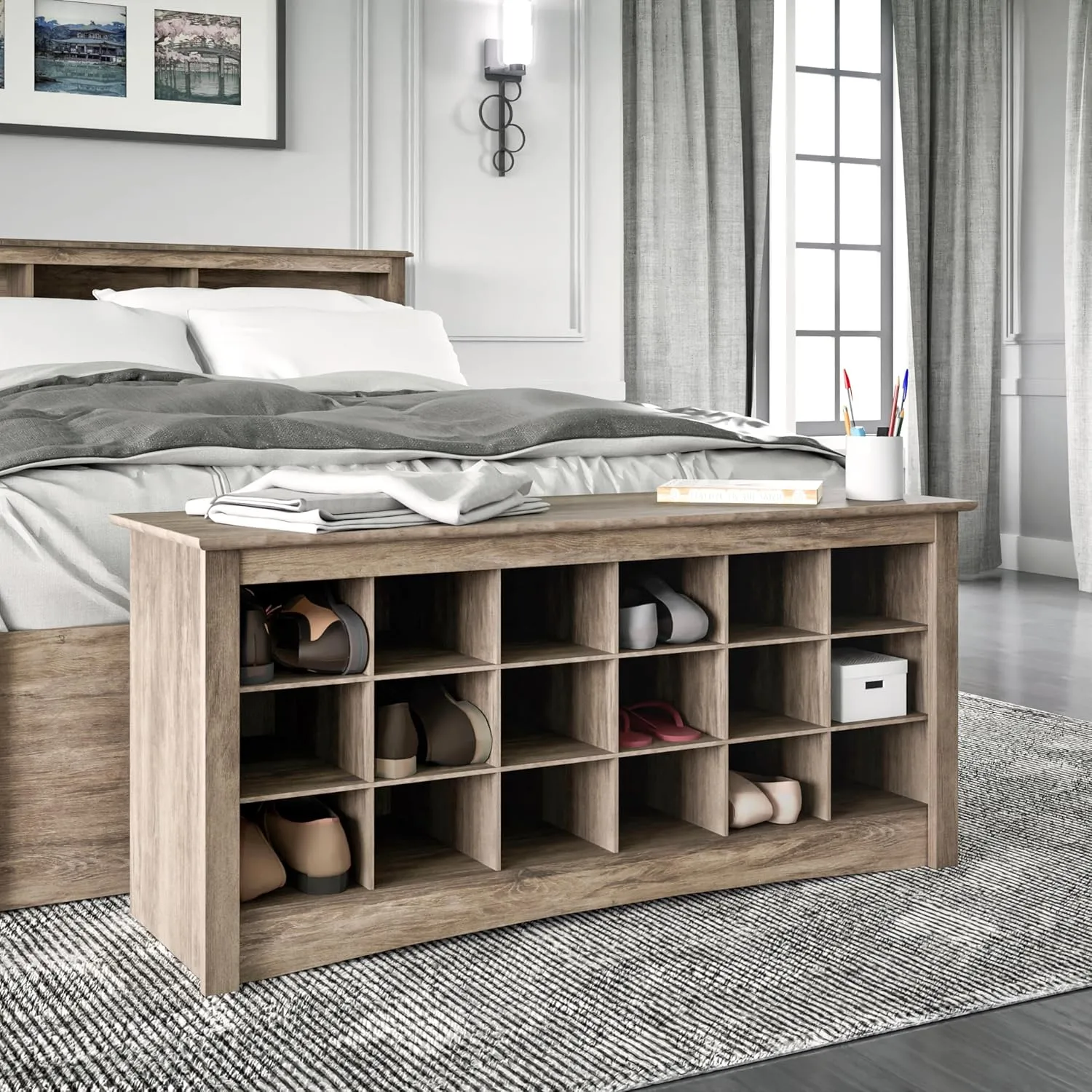 Prepac Entryway Shoe Cubbie Bench, unspecified, Drifted Gray