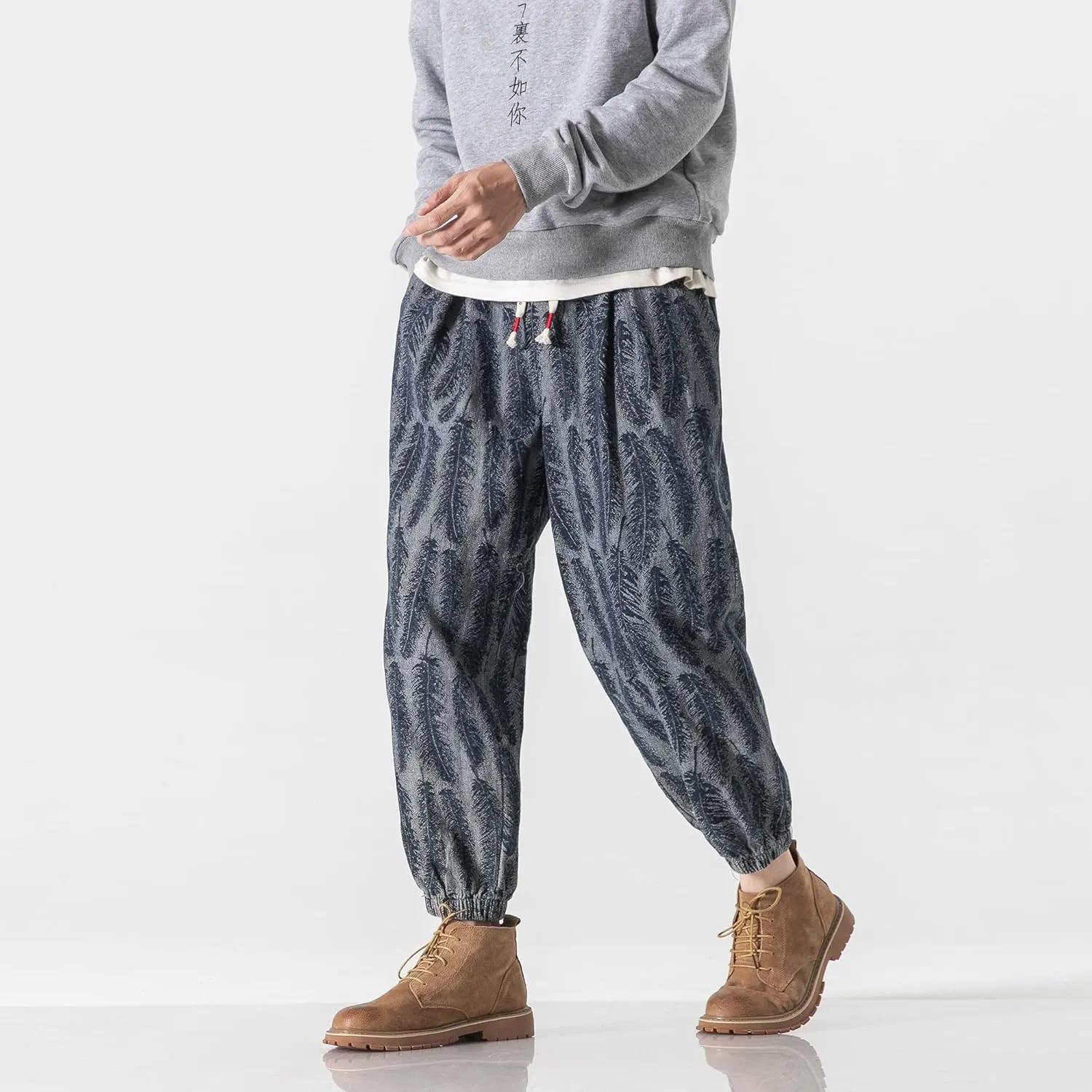 PRIJOUHE Mens Elastic Waist Drawstring Jeans Casual Stretchy Regular Fit Tapered Leg Distressed Jeans Pants