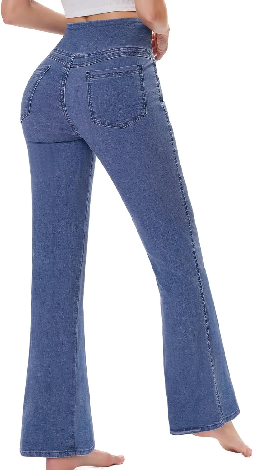 Pull on Flare Jeans for Women, Trendy Stretchy High Waisted Bell Bottom Skinny Boot Cut Jeans Legging for Women
