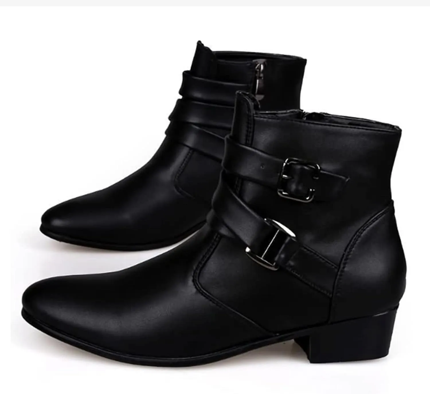 PURCHAWEE Men's Leather Pointed Toe Chelsea Boots,Buckle Straps Side Zipper Chunky Low Heel Western Formal Dress Boots Ankle Boots