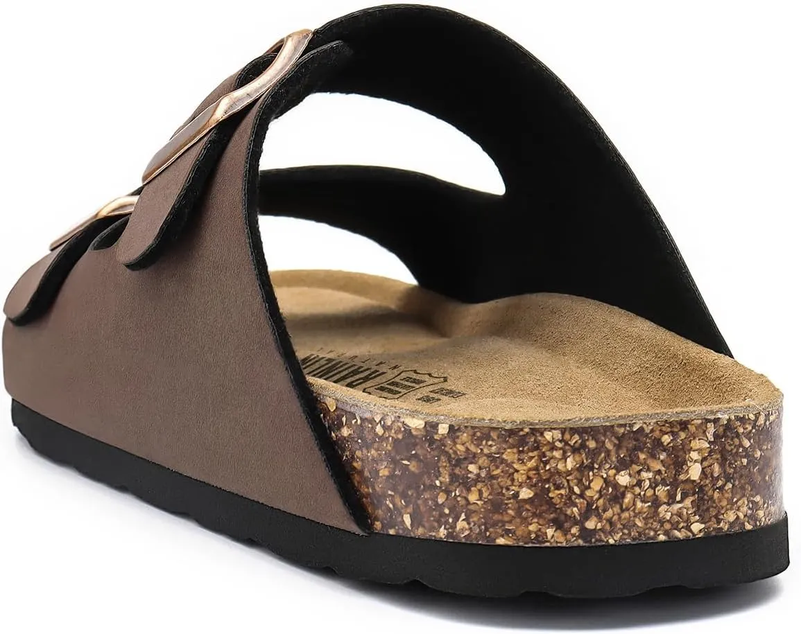 Rainlin Women's Flat Sandals Cork Footbed Slide Sandals Arch Support Slip on Slides with Adjustable Buckle