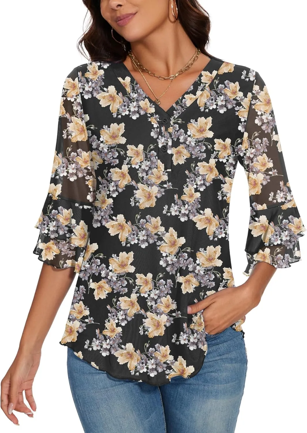 Rapbin Women Dressy Blouse 3/4 Sleeve Tiered Bell Sleeve Double Layers Mesh Shirt Trendy Flowy Tunic