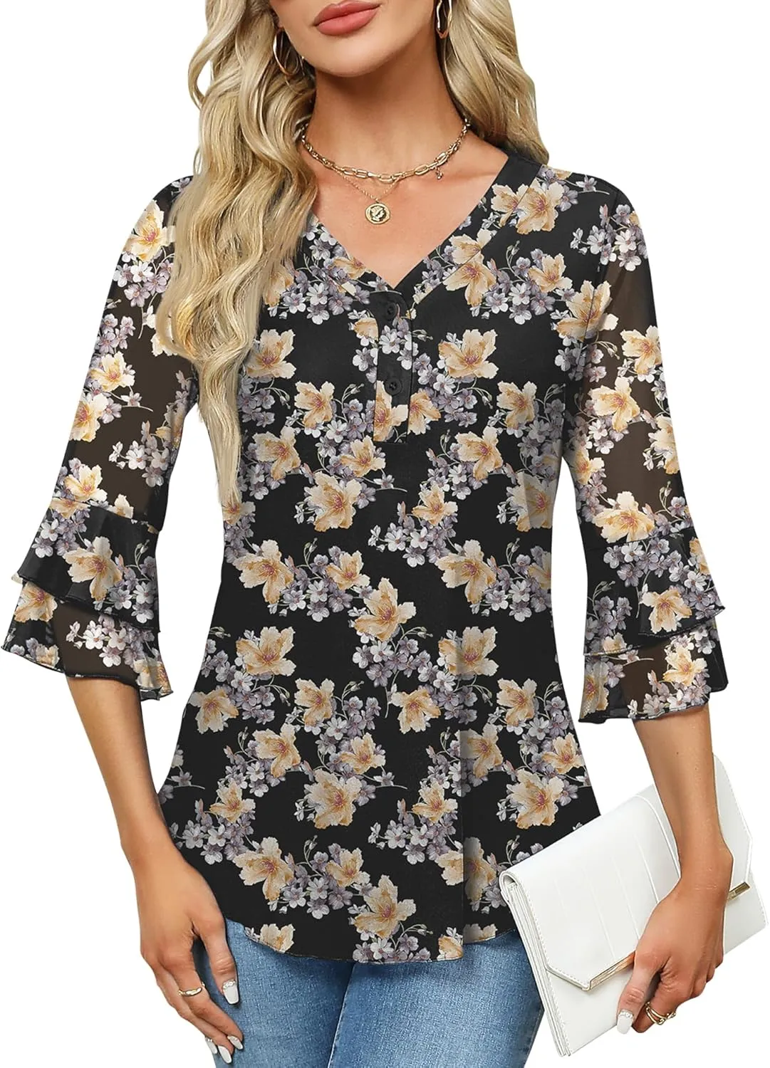 Rapbin Women Dressy Blouse 3/4 Sleeve Tiered Bell Sleeve Double Layers Mesh Shirt Trendy Flowy Tunic