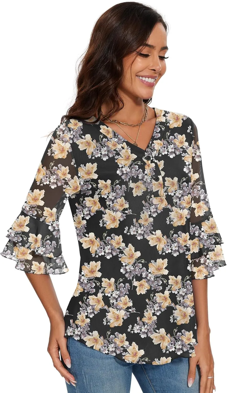 Rapbin Women Dressy Blouse 3/4 Sleeve Tiered Bell Sleeve Double Layers Mesh Shirt Trendy Flowy Tunic