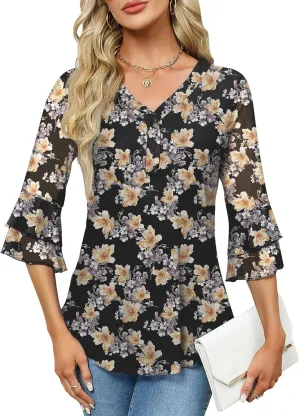 Rapbin Women Dressy Blouse 3/4 Sleeve Tiered Bell Sleeve Double Layers Mesh Shirt Trendy Flowy Tunic