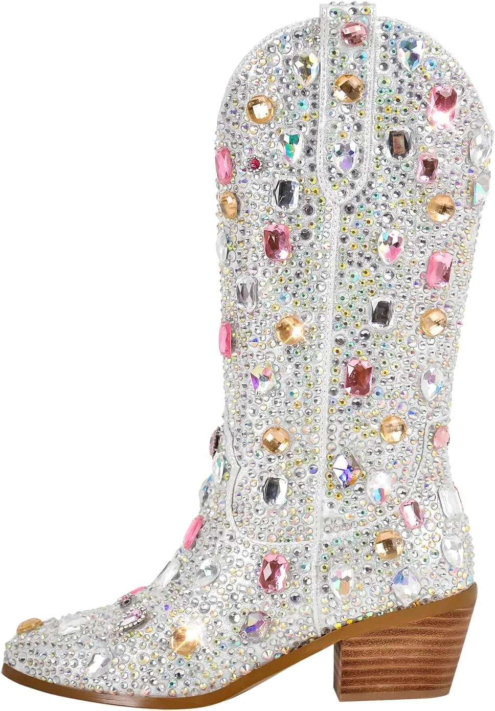richealnini Cowboy Boots for Women Embroidered Pull-On Mid Calf Booties