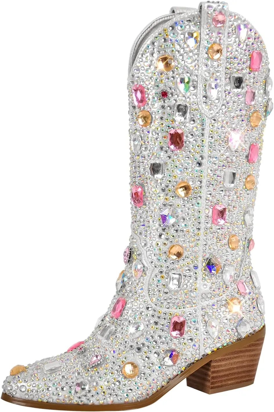 richealnini Cowboy Boots for Women Embroidered Pull-On Mid Calf Booties