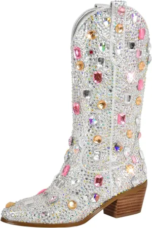 richealnini Cowboy Boots for Women Embroidered Pull-On Mid Calf Booties