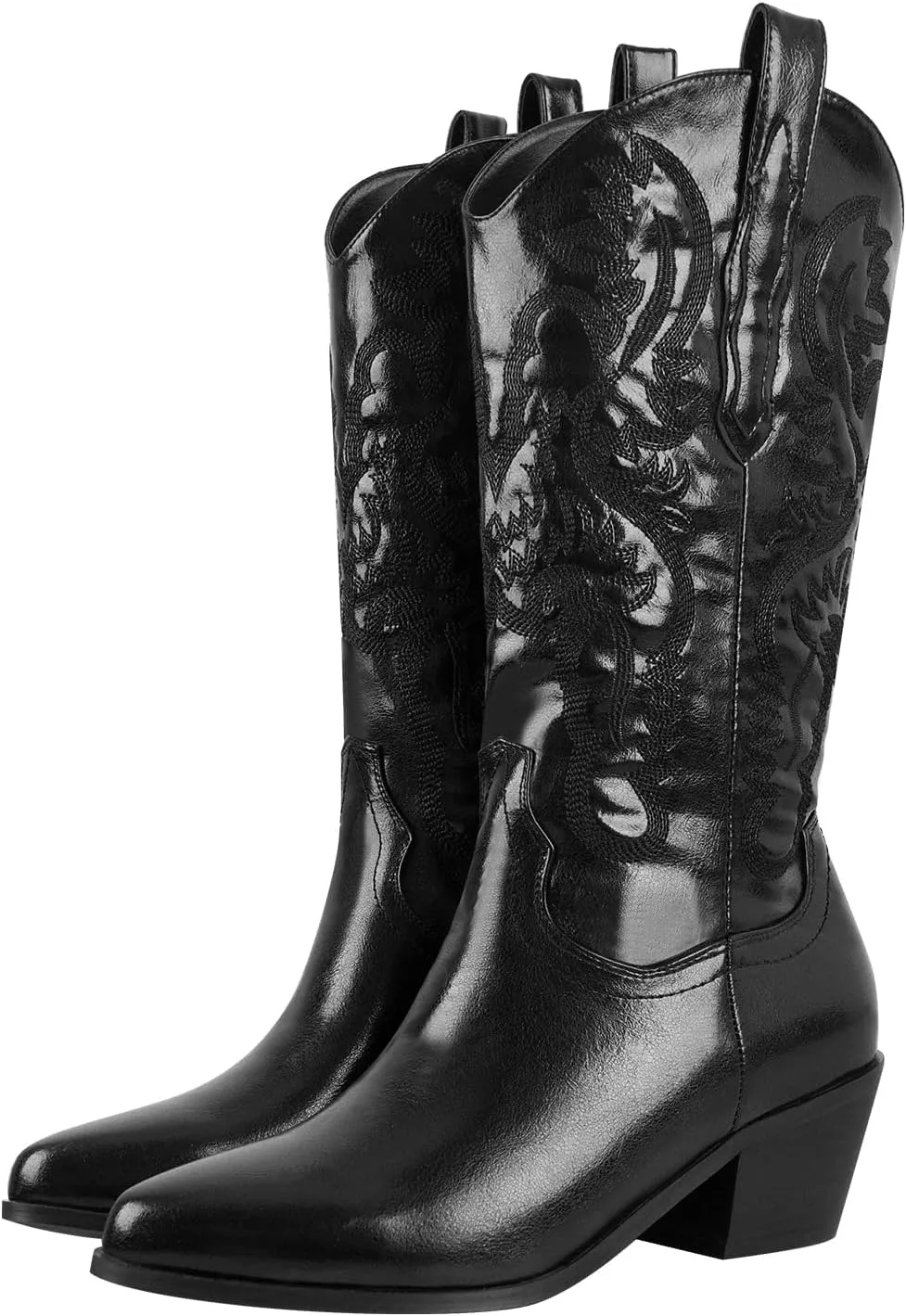 richealnini Cowboy Boots for Women Embroidered Pull-On Mid Calf Booties