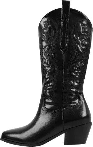 richealnini Cowboy Boots for Women Embroidered Pull-On Mid Calf Booties
