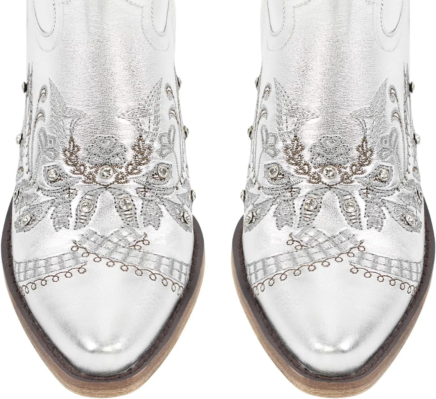 richealnini Women's Metallic Boots Embroidered Western Cowgirl Boots Pull-On Tab Knee High Booties with Crystal Outside Dress