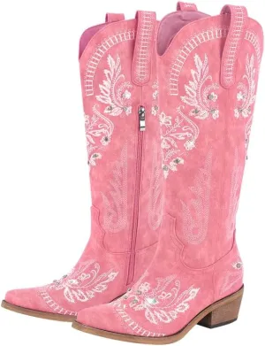 richealnini Women's Metallic Boots Embroidered Western Cowgirl Boots Pull-On Tab Knee High Booties with Crystal Outside Dress