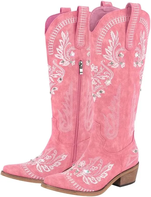 richealnini Women's Metallic Boots Embroidered Western Cowgirl Boots Pull-On Tab Knee High Booties with Crystal Outside Dress